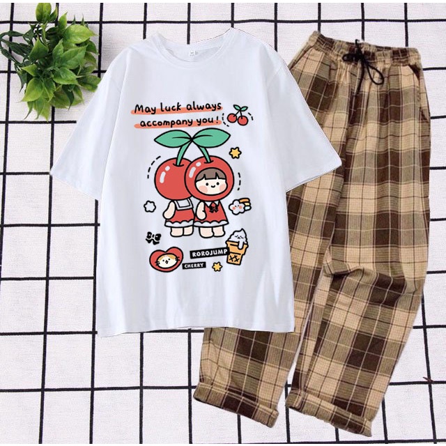 Sét Bộ Quần Áo Thời Trang Nữ Mặc Đi Chơi Áo Cotton In 3D Cartoon Organic Bé Cherry Kèm Quần Ống Rộng Kẻ Phong Cách