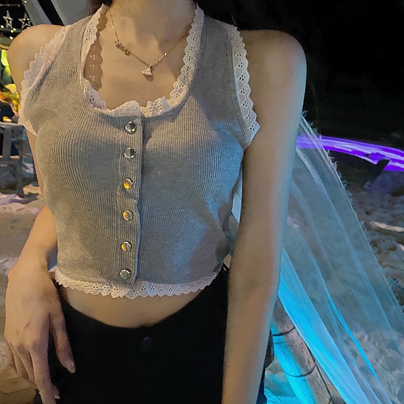 Áo dệt kim màu đen phối viền ren thời trang mùa hè cho nữ