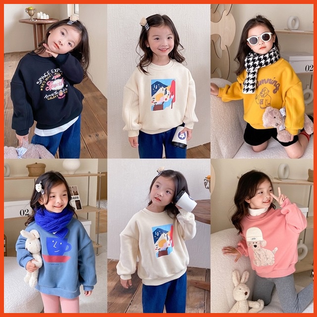 Áo nỉ cổ tròn lót lông cho bé gái/ trai cực xinh - Quần áo trẻ em thu đông Ambb Kids phong cách Hàn Quốc (có ảnh thật)