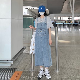 Kumi.vn order váy yếm bò denim dáng dài màu xanh nhạt phong cách Ulzzang Hàn Quốc
