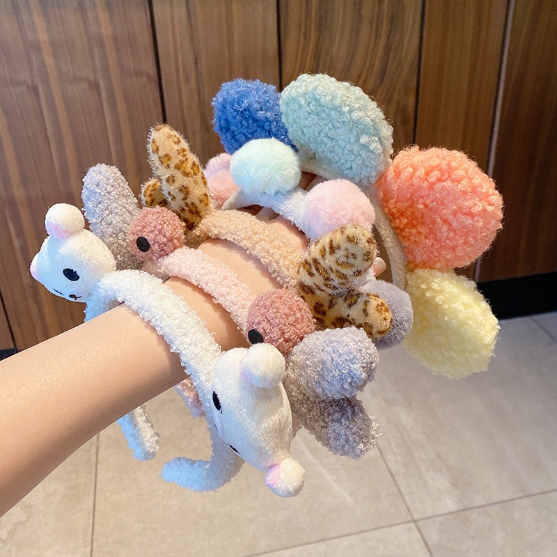 Băng Đô Rửa Mặt Phối Lông Kiểu Hoạt Hình Tai Thỏ Dễ Thương Cho Bé Gái