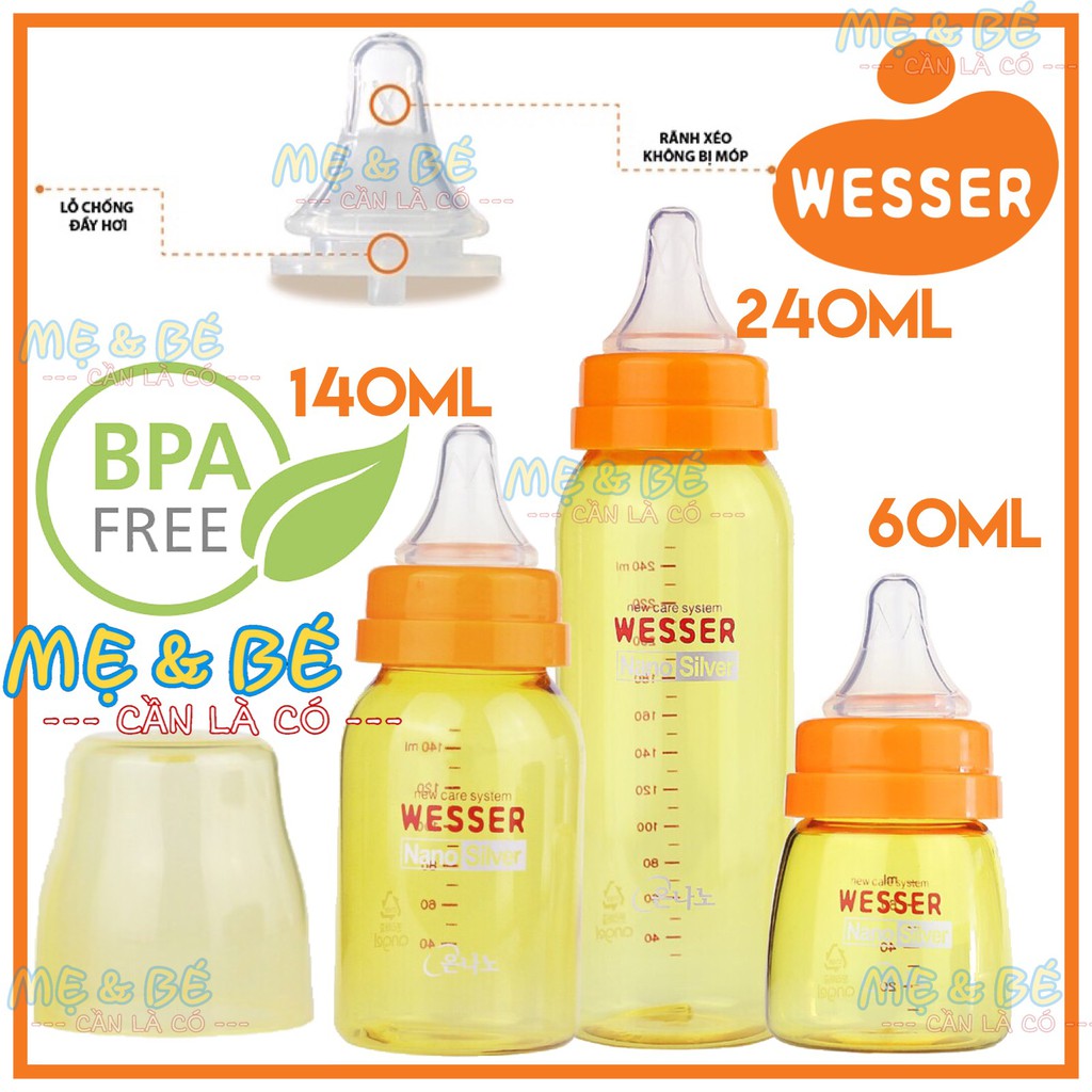 BÌNH SỮA WESSER CỔ HẸP NHỰA PP 60ML/140ML/250ML