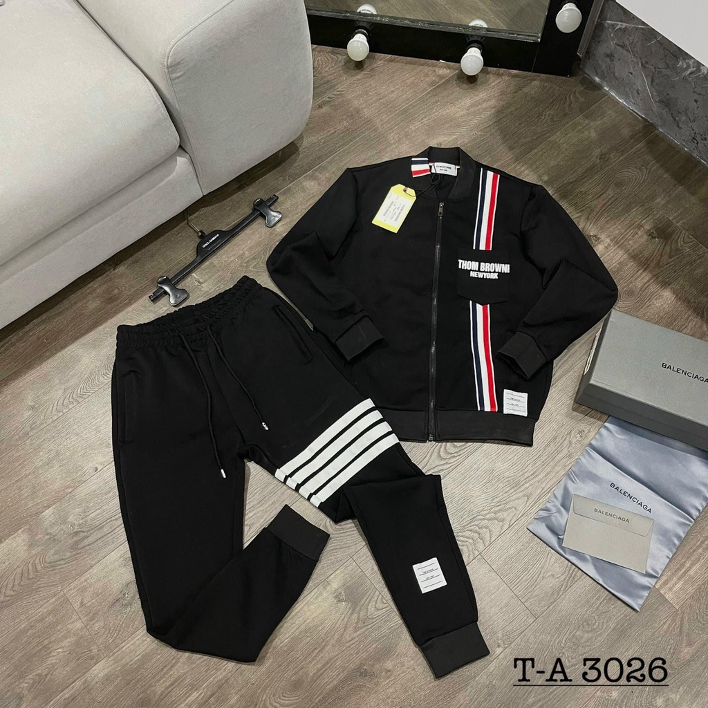 Bộ nỉ nam thu đông cổ bomber khóa phối sọc có túi phong cách