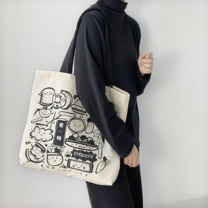 Túi tote túi vải canvas phong cách Hàn quốc, có khóa miệng, có ngăn phụ bên trong thời trang ulzzang