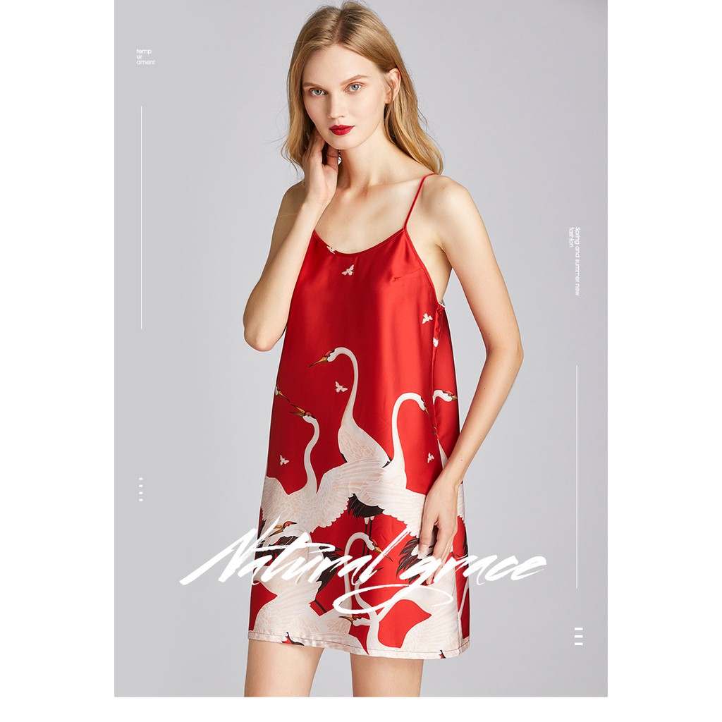 Váy ngủ Đầm ngủ sleepwear lụa satin hình flamingo hồng hạc sang trọng dễ thương đồ mặc ở nhà mùa hè