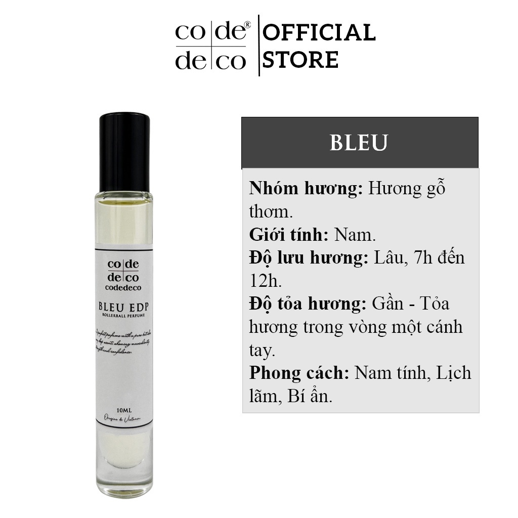 Tinh Dầu Nước Hoa Code Deco Bleu 10ml, Nam Tính, Lịch Lãm, Bí Ẩn - Chai Lăn Tiện Lợi