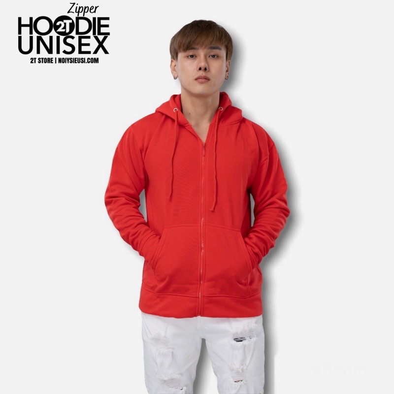 Áo hoodie zipper unisex 2T Store HZ08 màu đỏ tươi - Áo khoác nỉ dây kéo nón 2 lớp dày dặn chất lượng đẹp