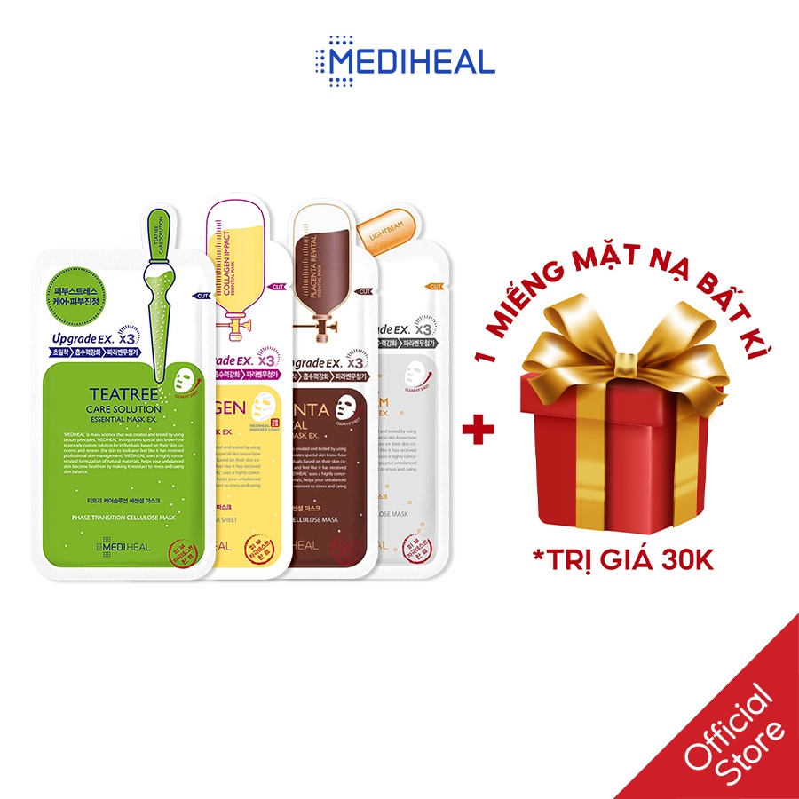 Mix 10 Mặt Nạ MediHeal 3 Teatree - 3 Collagen- 2 Lightbeam - 2 N.M.F Essential Mask 25ml x 10