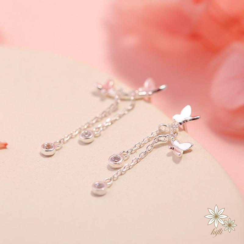 Bông tai bạc hình bướm tua rua đính pha lê thời trang dành cho nữ