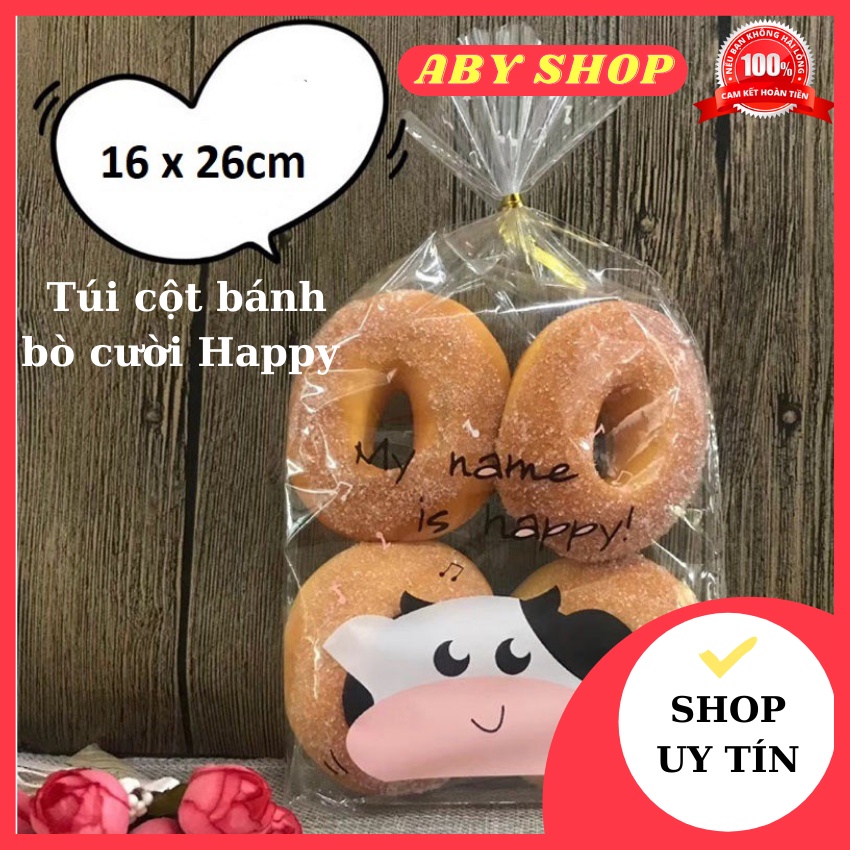 10 Túi cột bánh bò cười Happy ⚡ HÀNG CAO CẤP ⚡ túi cột đựng bánh hình bò ngộ nghĩnh đáng yêu 16 x 26cm