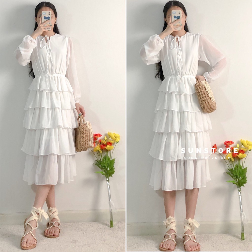 Đầm dự tiệc dáng dài midi váy xoè xếp tầng tay dài bồng nhẹ màu trắng