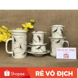 Bộ 3 cốc lọc trà- cafe phin- cafe sữa sứ Bát Tràng hoa văn chuồn chuồn