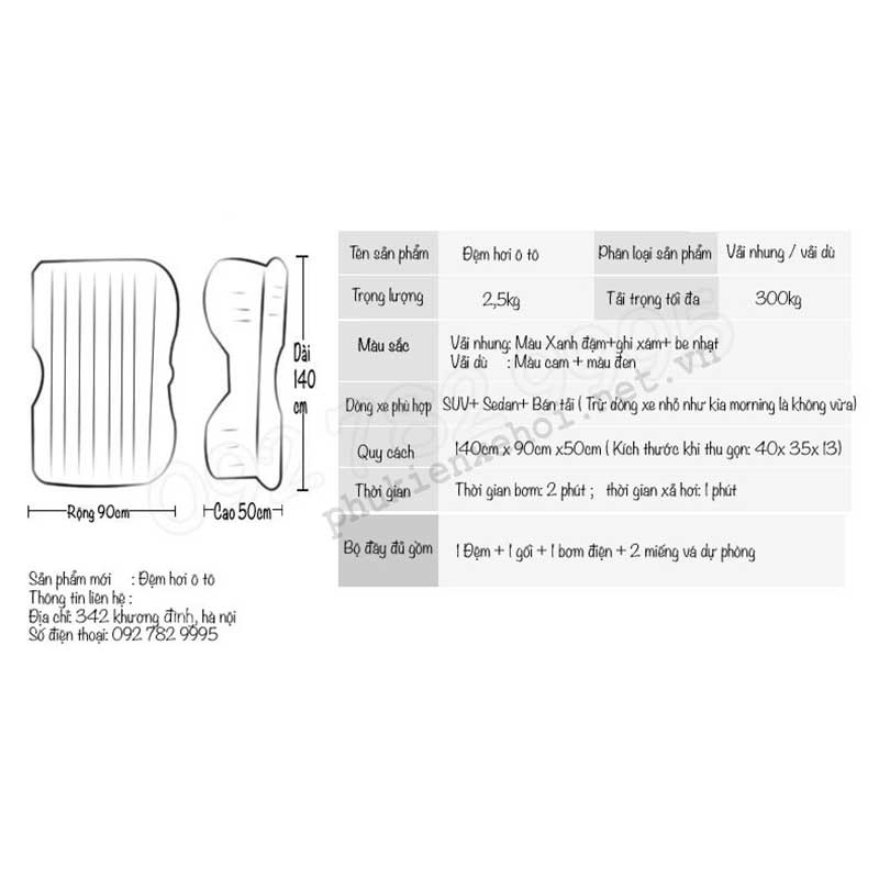 Đệm Hơi Ô Tô ( tặng kèm bơm điện lắp tẩu sạc ô tô )