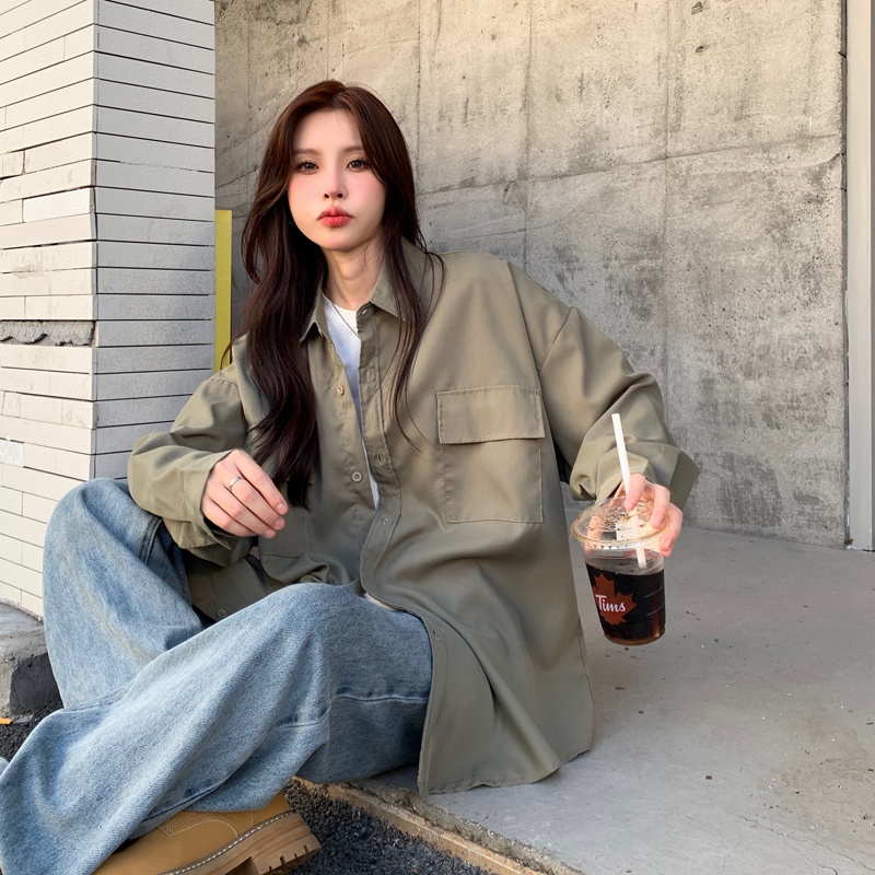 Áo Sơ Mi Nữ Tay Dài Oversize Màu Trơn Phong Cách Hàn Quốc