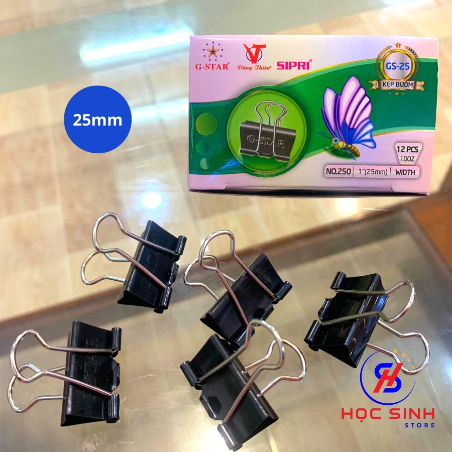 Hộp 12 Cái Kẹp Bướm 25mm Đen Gstar Size nhỏ Kẹp tài liệu cho học sinh và văn phòng - Học Sinh Store