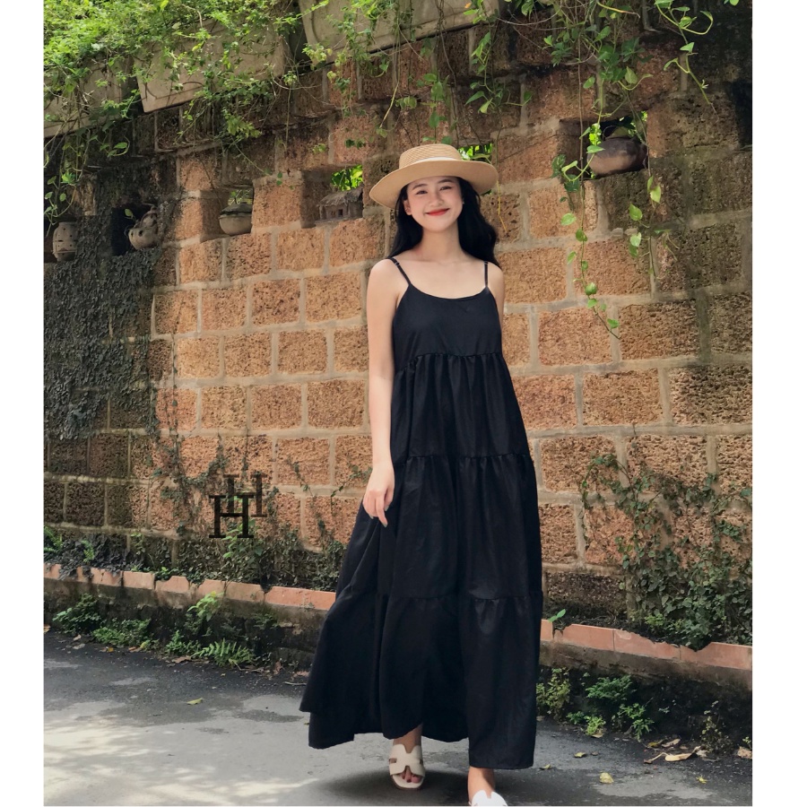 Đầm babydoll hai dây dáng dài màu trắng &amp; đen HDC90 Hỉn Hỉn Store