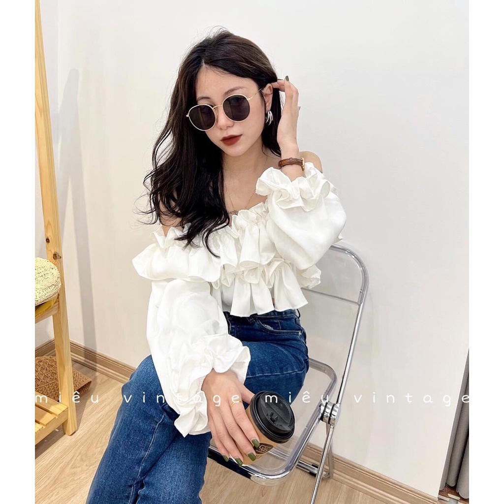 Áo croptop nữ dài tay trễ vai bèo trắng WIkishop freesize vải đũi lụa hở vai tôn eo phom ôm phong cách sexy C828