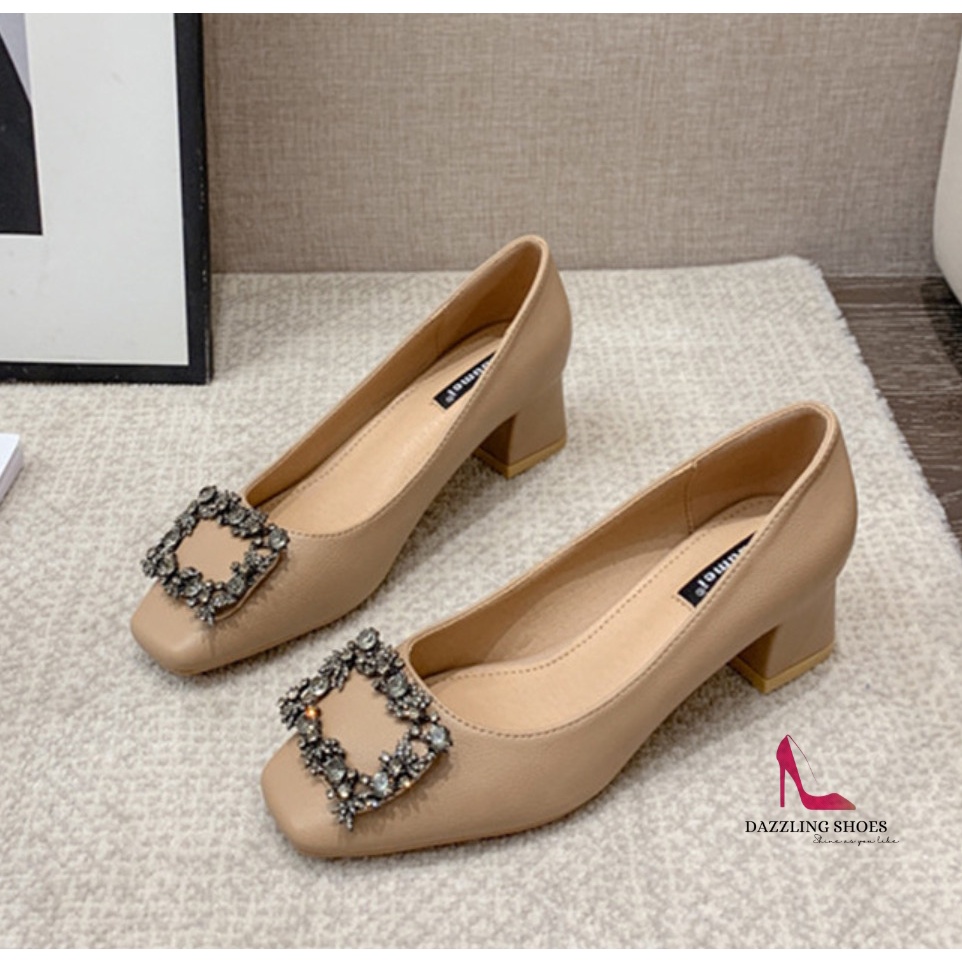 Giày Cao Gót Nữ Mũi Tròn, Giày Cao Gót 5 Phân, Charm Đá Vuông, Kiểu Dáng Công Sở Basic_DA723