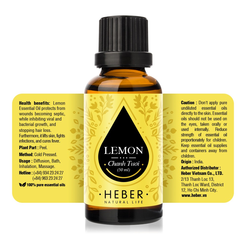 Tinh Dầu Chanh Tươi Heber Natural Life- Lemon, Cao Cấp Nhập Khẩu, Thiên Nhiên Nguyên Chất Xông Phòng 10ml/30ml/50ml