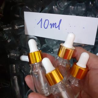 Combo 50 chai thủy tinh trắng trong 10ml, dạng bóp đầu nhỏ giọt, đầu bóp trắng vàng, giá 225.000đ, dùng để đựng mỹ phẩm.