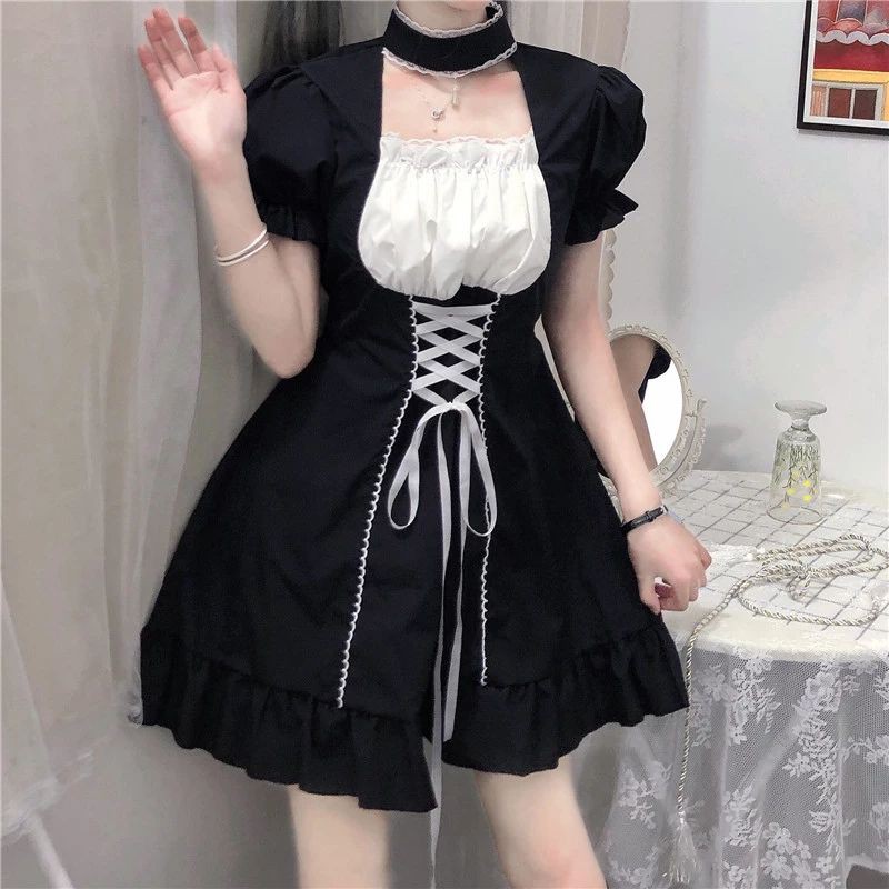 [Order] (L3) Váy đầm Gothic Lolita Lolita đan nơ dáng xòe loại đẹp màu đen