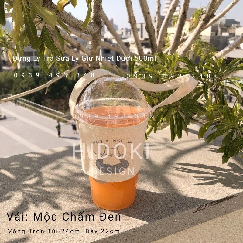 Quai Túi Vải Đựng Ly Nước Trà Sữa Hình Gấu Dây Đai Mỏng