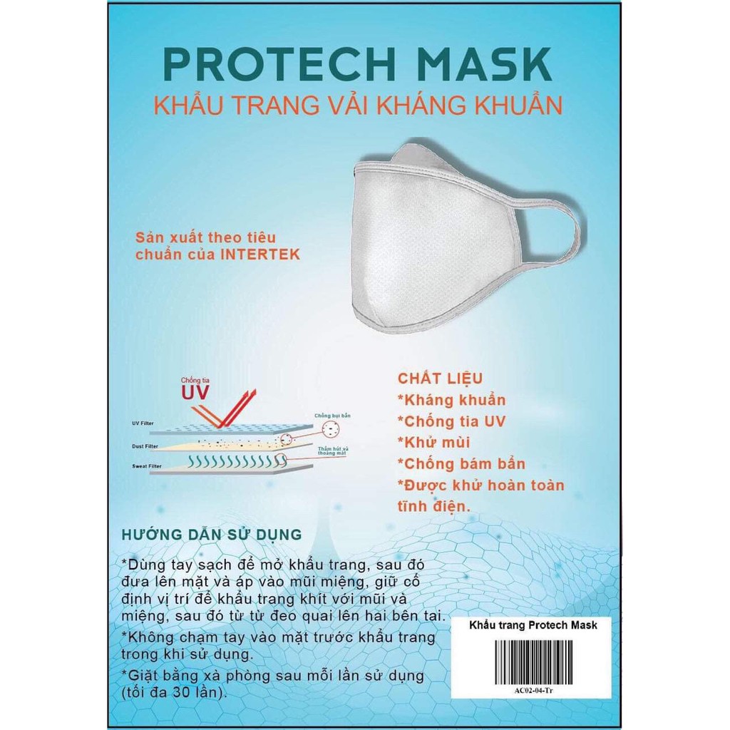 Khẩu trang kháng khuẩn 3 lớp PROTECH MASK - Ngăn chặn Virut vi khuẩn tối ưu tiêu chuẩn Intertex Châu Âu