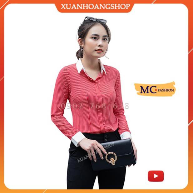 Áo Sơ Mi Nữ Công Sở Đẹp, Có Cổ Đức Trắng, Kẻ Sọc, Dài Tay 3 Màu( Đỏ, Xanh, Tím Than ) Mc Fashion A629  ༷ ྇