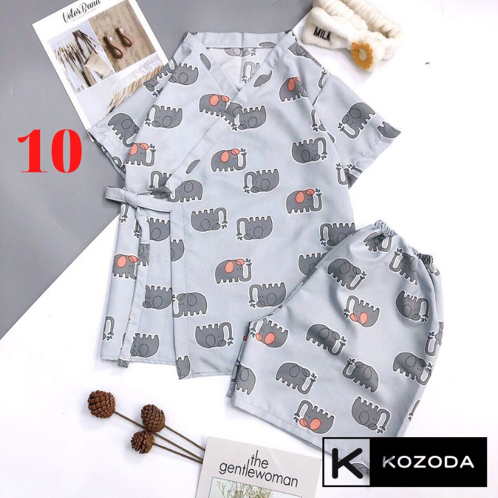 Đồ ngủ yukata Kimono Cộc Tay Nữ Set pijama buộc nơ in hình cute, quần áo ngủ mặc ở nhà, mùa hè Ulzzang Kozoda M45