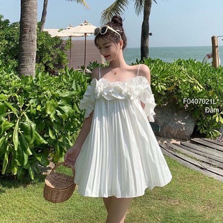 Đầm voan trắng dập ly dáng suông rộng phối bèo ngực 2 dây rớt vai!