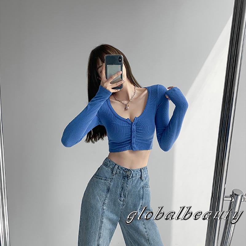 Áo Croptop Dệt Kim Tay Dài Cổ Chữ V Màu Sắc Thanh Lịch