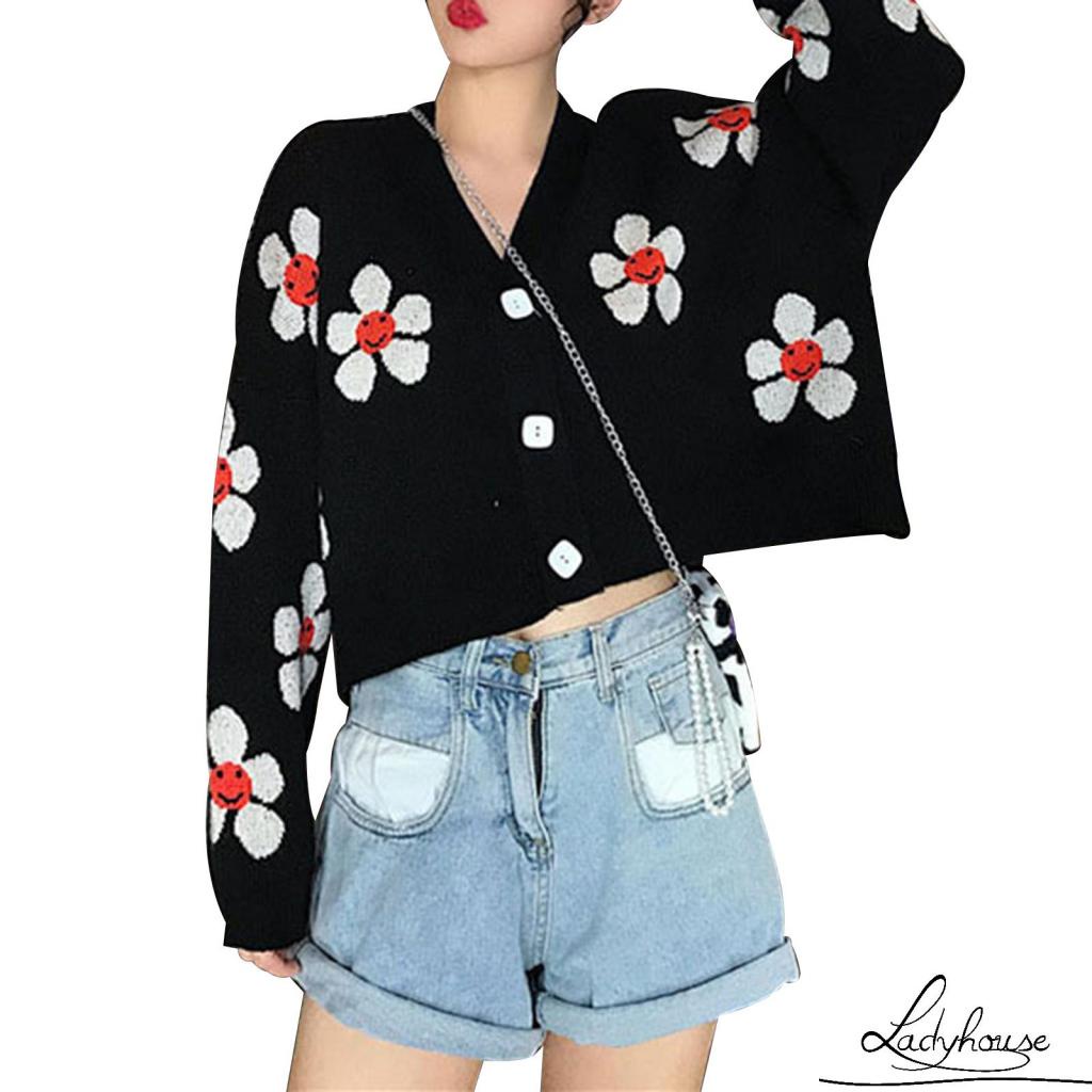 Áo khoác cardigan dệt kim tay dài cổ chữ V dáng rộng in họa tiết hoa phối nút cho nữ