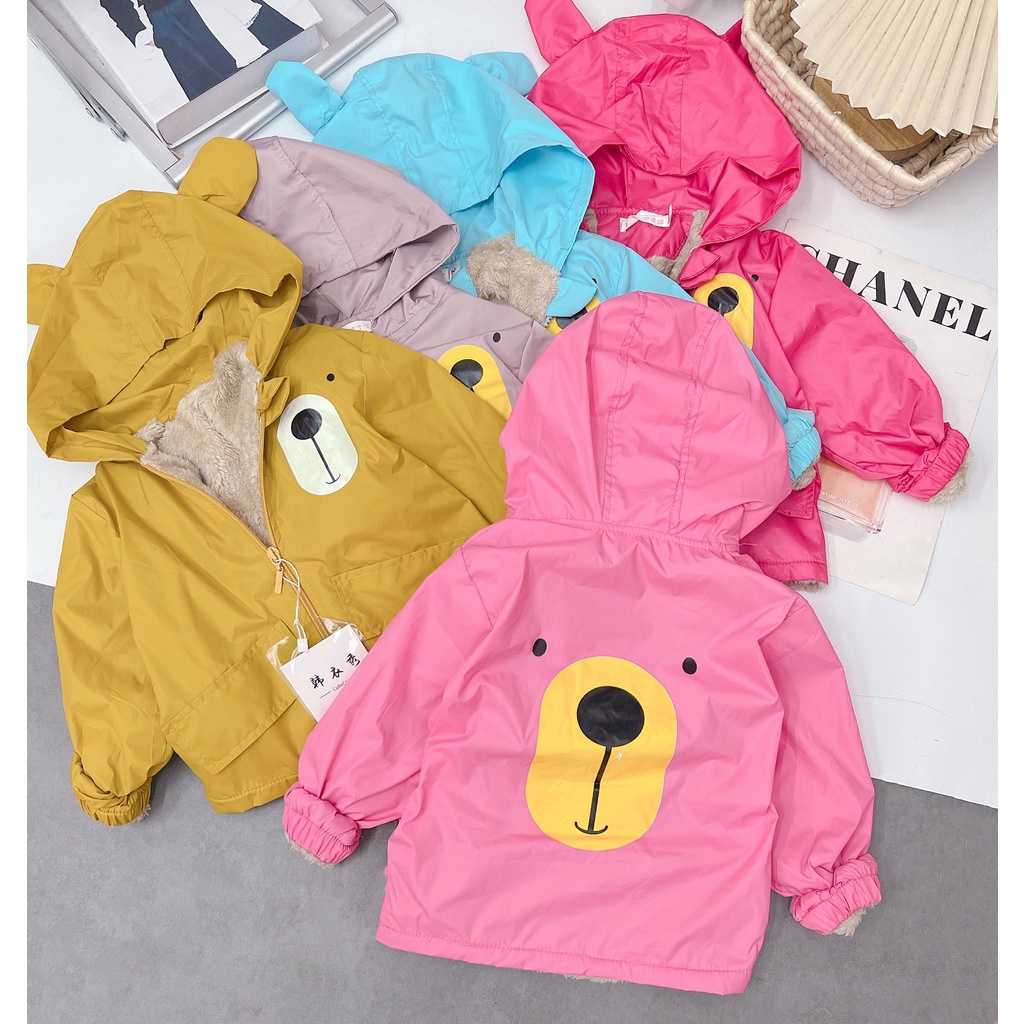Áo khoác cho bé, áo khoác gió lót lông dày dặn mặt gấu in hình 3D cho bé gái, bé trai size 10-25kg