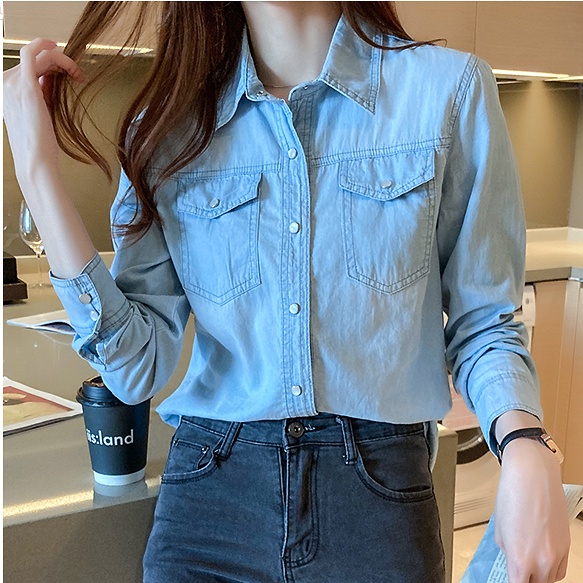 Áo sơ mi denim Nữ Thời trang Mỏng Đơn giản Phong cách Hàn Quốc Dài tay Áo