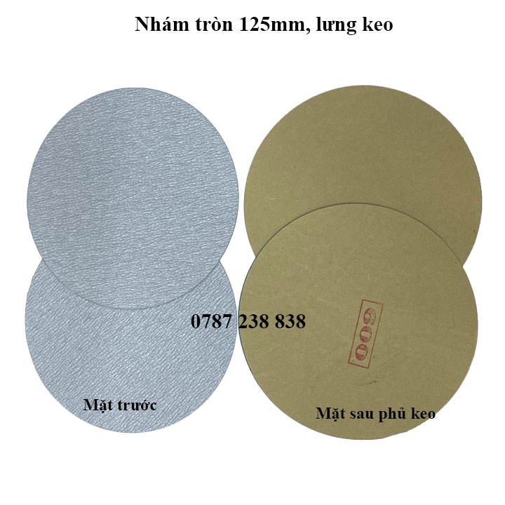 Giấy nhám tròn 125mm, lưng keo, mặt nhám phủ bột trắng