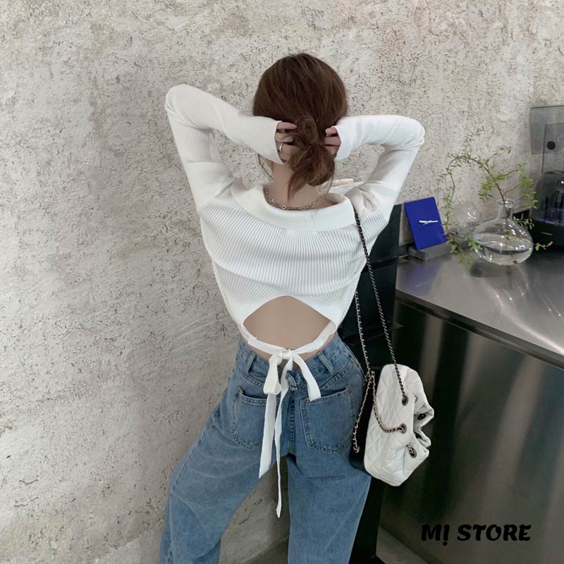 Áo croptop kiểu sexy ôm tay dài nữ có cổ MỊ STORE CR33