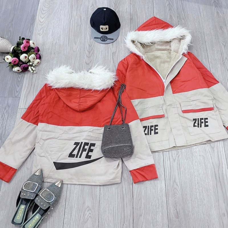 áo khoác kaki lót lông be phối cam Zife