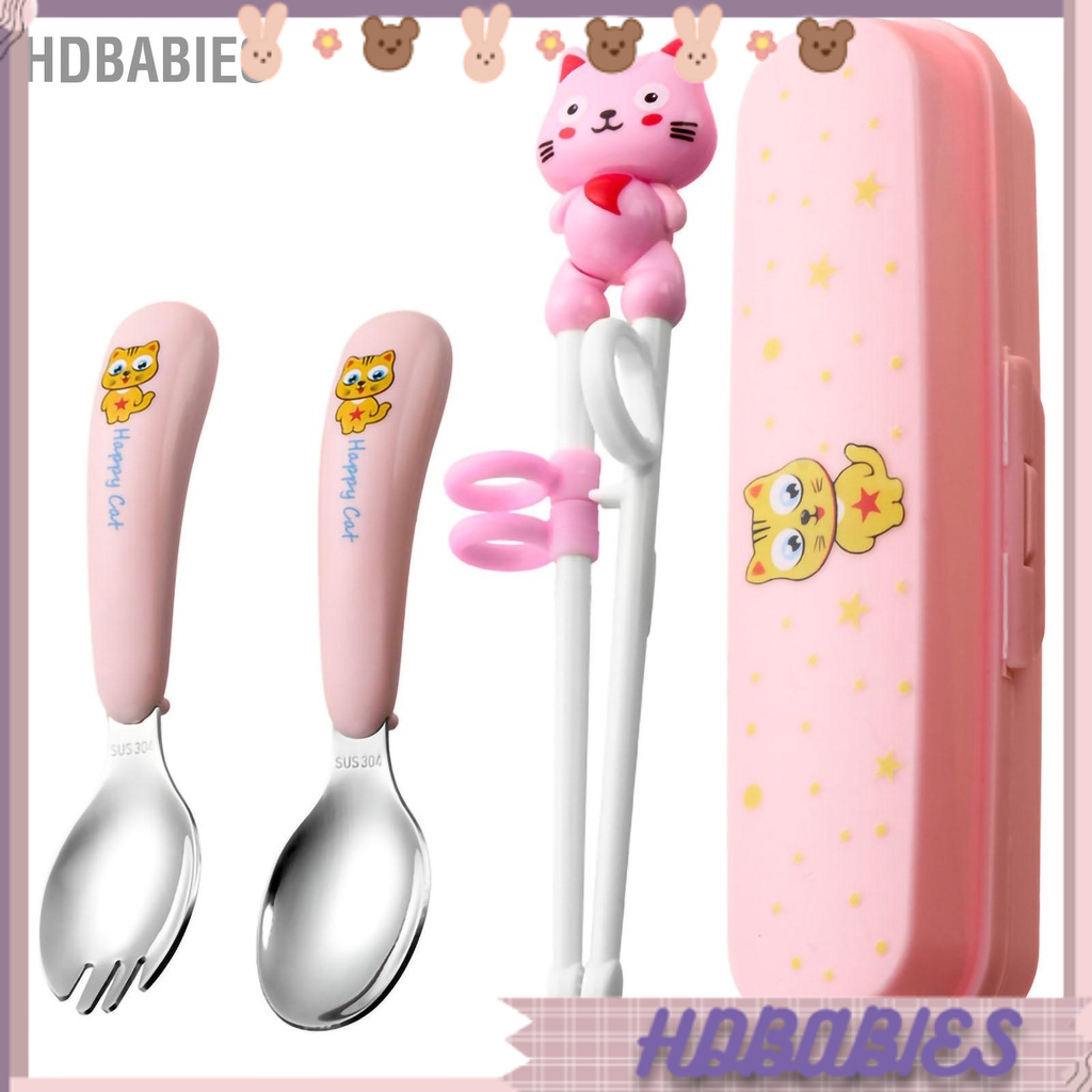 HDbabies Bộ dao kéo trẻ em bằng thép không gỉ Phong cách hoạt hình bóng An toàn bền Muỗng Nĩa Đũa Đào tạo cho Đồ dùng ăn trưa