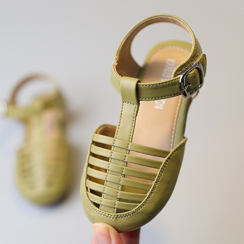 (Chân 12.5 cm - 14 cm ) Giày rọ sandal hở gót da cao cấp phong cách vintage cho bé gái- MKSD04