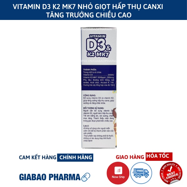Vitamin D3 K2 Mk7 nhỏ giọt giúp bé hấp thụ canxi tăng trưởng chiều cao, cân nặng, chống còi xương,Suy dinh dưỡng