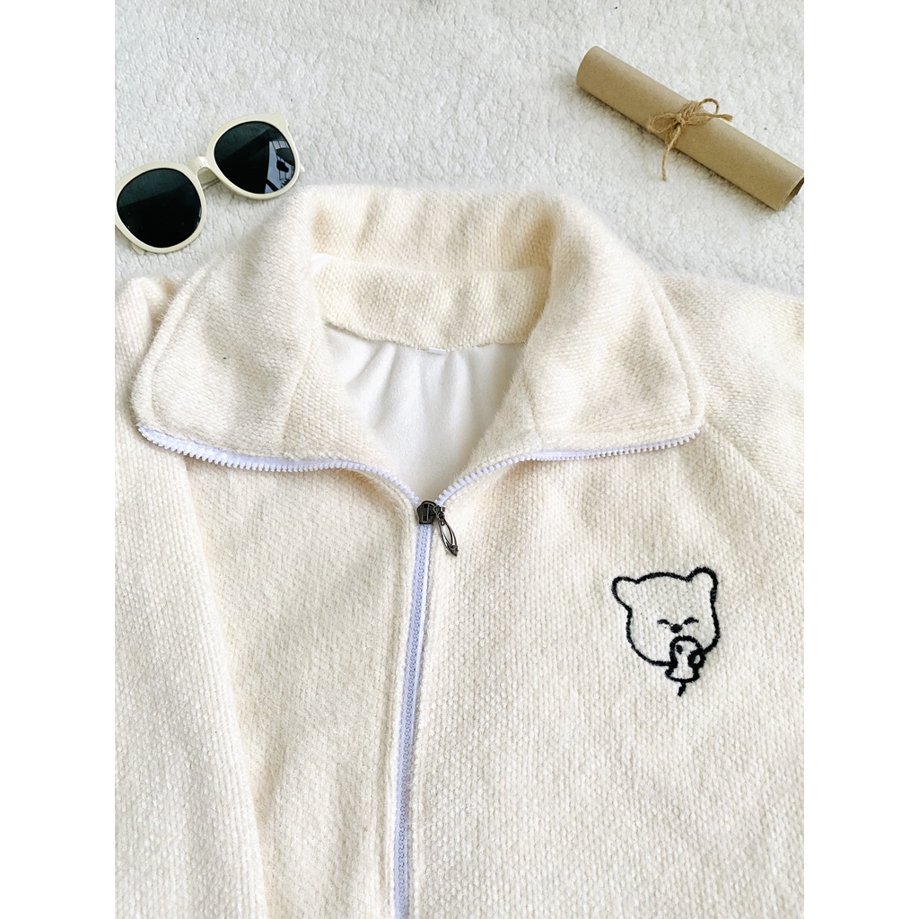 Áo khoác lông thỏ  3 lớp dày dặn, cổ cao thêu hình gấu cute