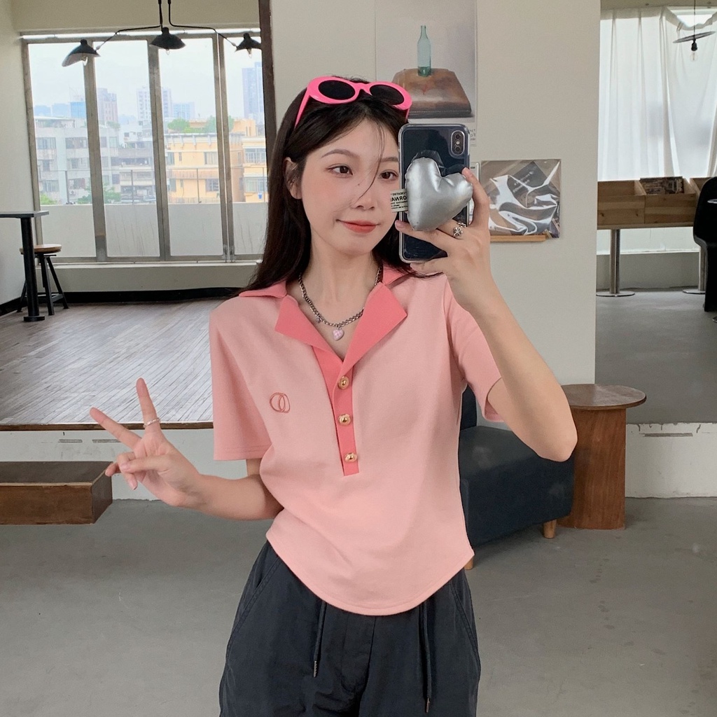 Áo thun ZHELIHANGFEI dệt kim cổ polo tay ngắn phong cách xinh xắn trẻ trung