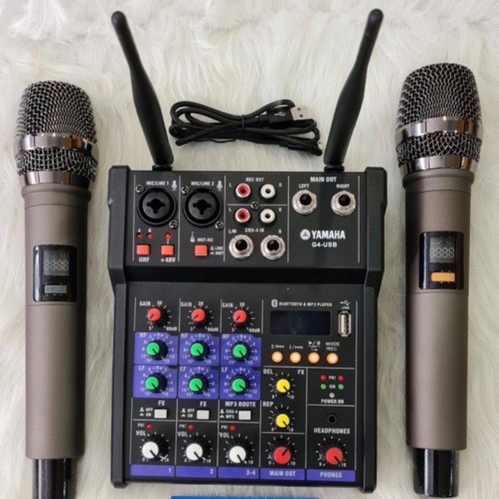 Bàn Mixer G4 live stream hỗ trợ màn hình LED có bluetooth tặng kèm 2 mic không dây tiện cho oto loa kéo và các loa khác