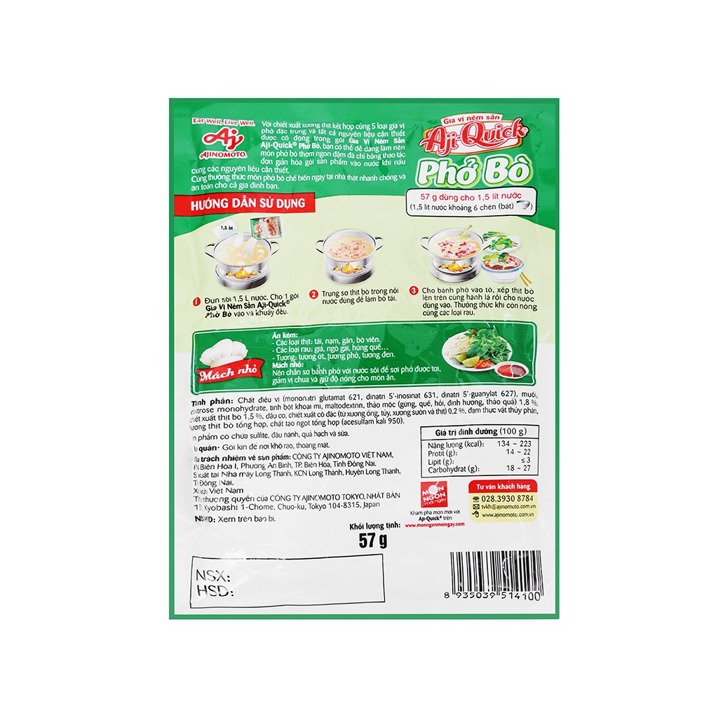 [GIA VỊ NÊM SẴN] GIA VỊ PHỞ BÒ AJI-QUICK 57gr