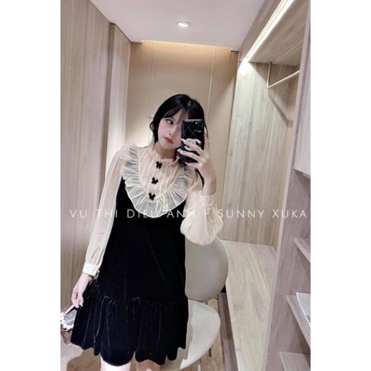 Váy nhung tiểu thư phối tơ