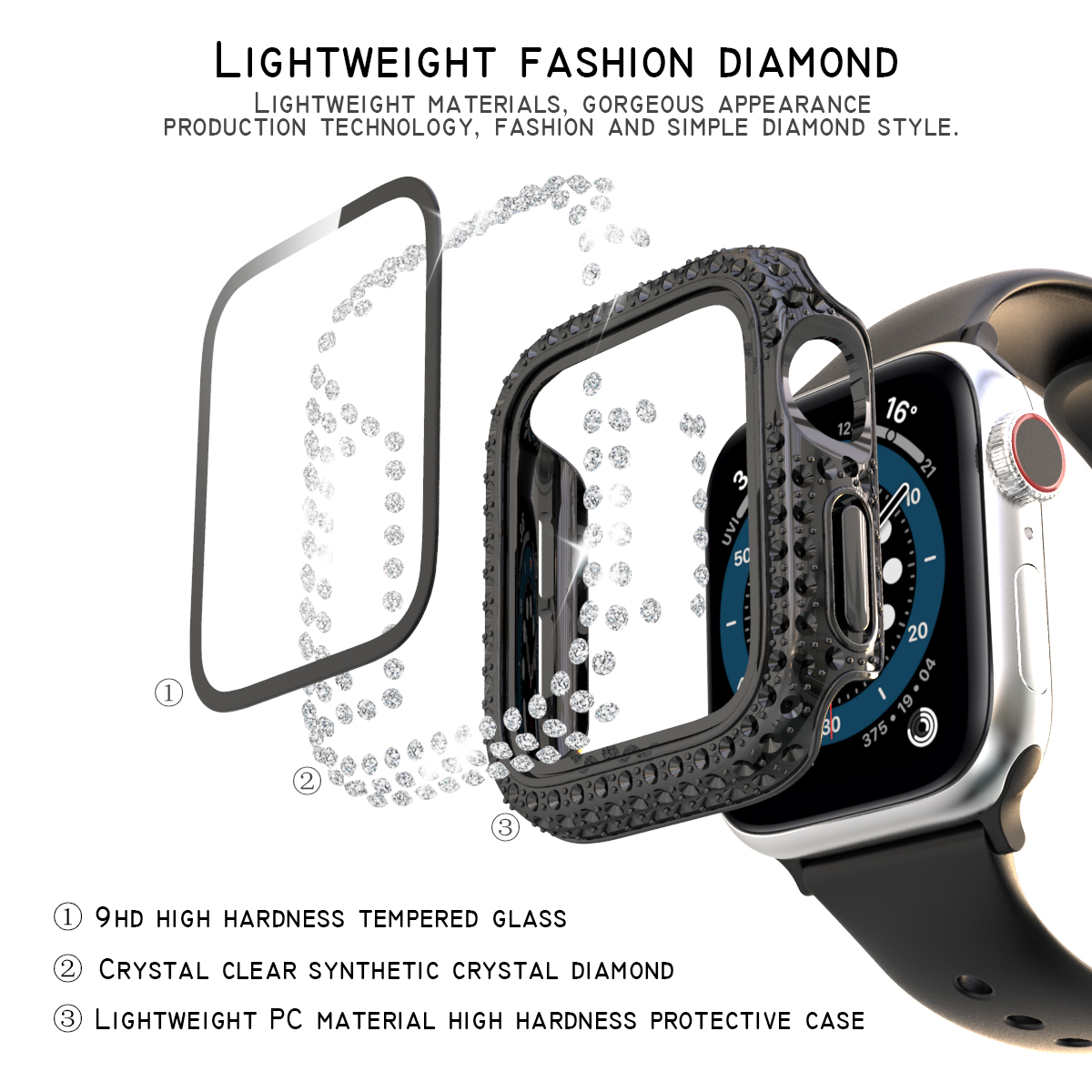 Vỏ bảo vệ mặt đồng hồ chất liệu PC kính cường lực đính kim cương cho Apple 6 SE 5 4 3 2 1 40 44 42 38 MM