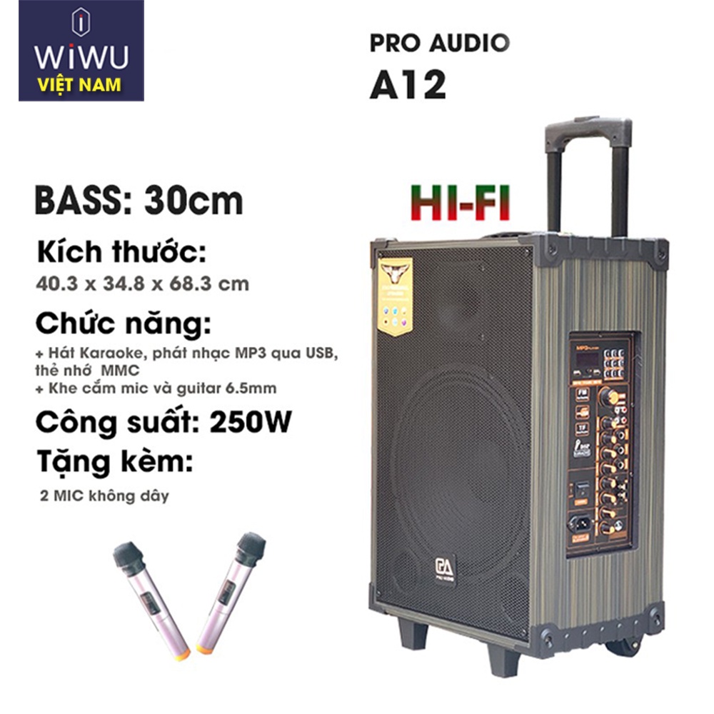 Loa kéo Karaoke  Audio A12, A10 Siêu bass 30cm, 25cm bluetooth 4.2 âm thanh 3D Hifi tặng 2 mic không dây Wiwu