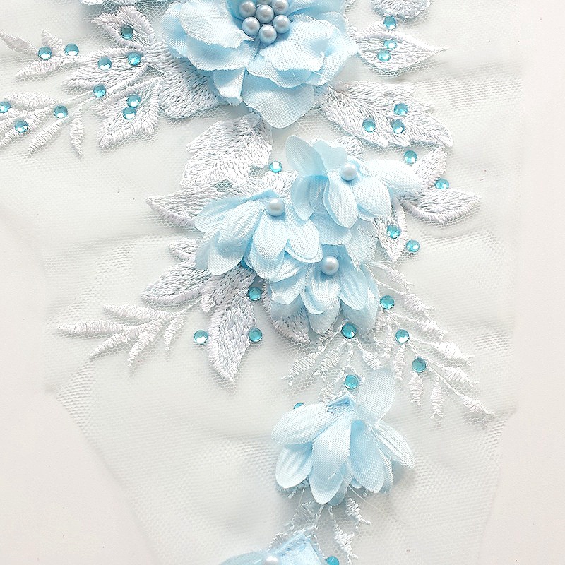 Miếng vá quần áo thiết kế ren thêu hoa đính cườm dạng thêu ủi trang trí đầm cưới tự làm đẹp mắt màu xanh da trời