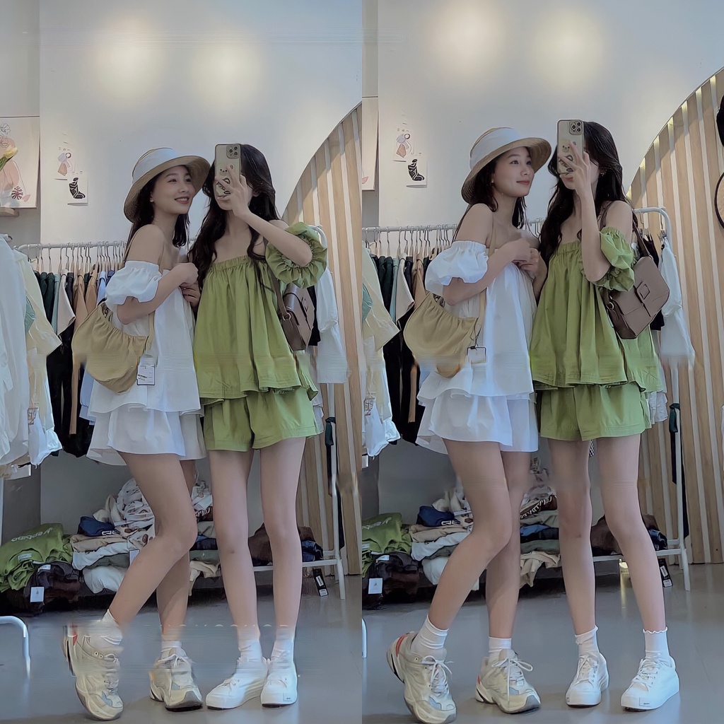 💃 Bộ Áo Trễ Vai Nữ Tay Bồng Kèm Quần Short Ống Rộng 2 Màu