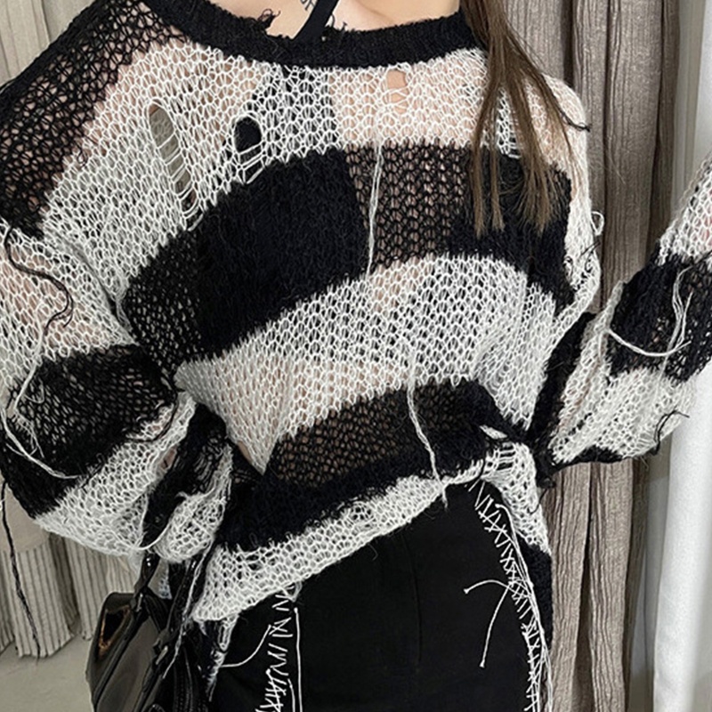 Áo sweater tay dài cổ tròn kẻ sọc thời trang mùa thu giản dị